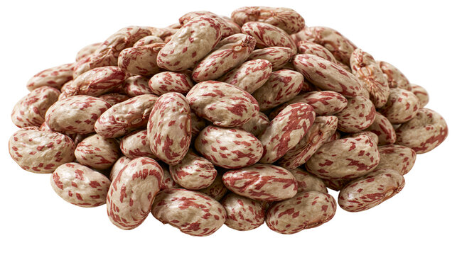Pile of pinto beans with distinctive red speckles, isolated on transparent background