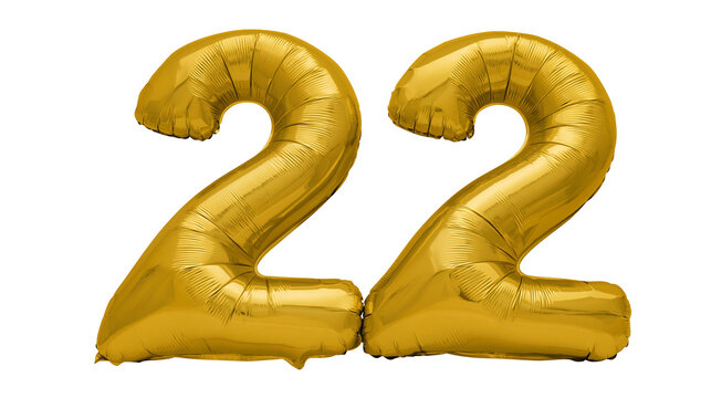 Shiny gold number 22 balloons, isolated on transparent background