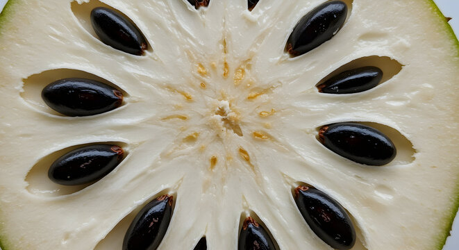 A soursop cut open, revealing white flesh