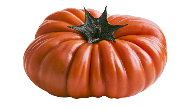 Round ribbed orange pumpkin with dark stem, isolated on transparent background