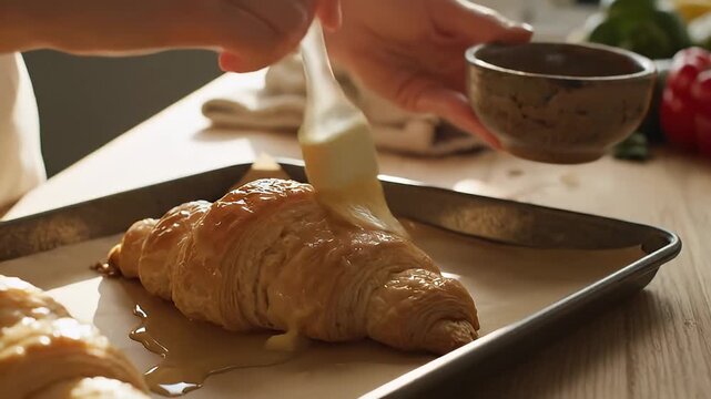 Chef glazing buttery croissant with egg wash