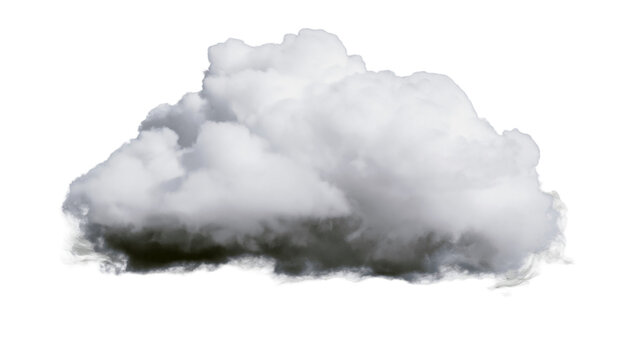 Fluffy cumulus cloud with dark grey base, isolated on transparent background