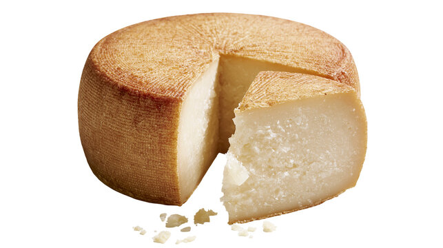 Whole round cheese with a wedge removed, isolated on transparent background