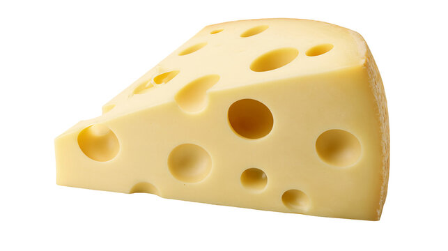 Wedge of Swiss cheese with large holes, isolated on transparent background