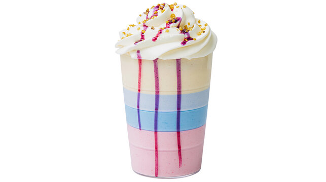 Layered rainbow milkshake with whipped cream and sprinkles, isolated on transparent background