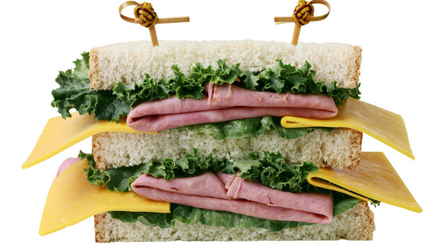 Stacked ham and cheese sandwich with lettuce, isolated on transparent background