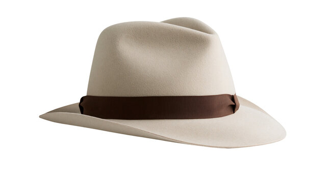 Cream fedora hat with dark brown ribbon band, isolated on transparent background