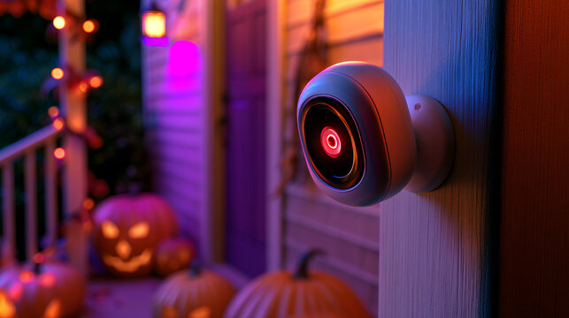 Smart home camera mounted on entrance wall with Halloween pumpkin decorations and vibrant neon purple and blue mood lighting, home security and autumn automation concept
