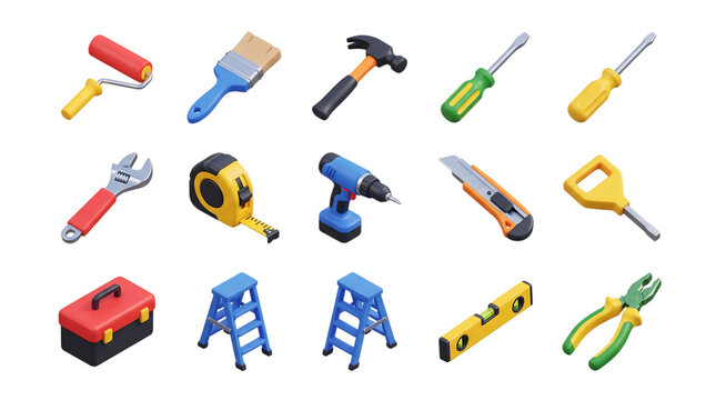 A collection of colorful isometric construction and repair tool icons for home improvement and maintenance projects