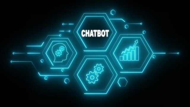 Abstract neon Hud knowledge ability business gear icon Glowing neon line concept. Glowing "CHATBOT" button in German on a futuristic, abstract wave technology on black background.