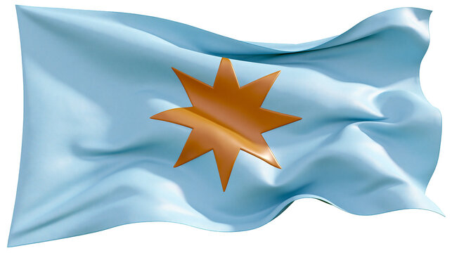 Light blue flag with an eight-pointed orange star emblem, waving gently isolated on transparent background