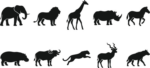 Fototapeta premium African animal silhouette icons line art, wildlife artwork illustration, safari design graphics, nature sketch outline artwork