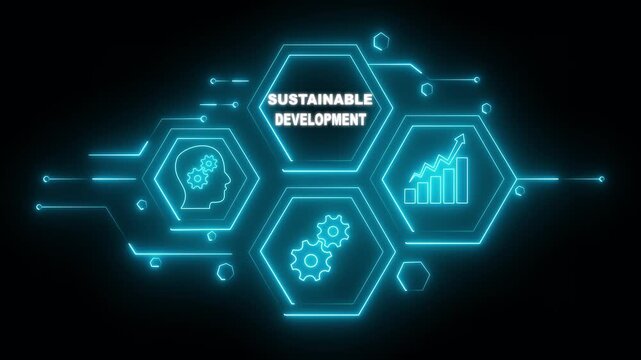 Abstract neon Hud knowledge ability business gear icon Glowing neon line concept. Glowing "SUSTAINABLE DEVELOPMENT" button in German on a futuristic, abstract wave technology on black background.