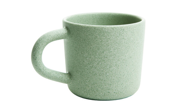Speckled sage green ceramic mug with curved handle, isolated on transparent background
