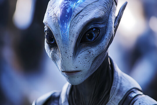 Close-up portrait of friendly blue alien with big expressive eyes, futuristic extraterrestrial character, sci-fi concept, detailed skin texture, cinematic lighting.
