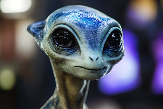 Photorealistic close-up portrait of a friendly blue alien with large expressive eyes, futuristic extraterrestrial character, sci-fi concept, detailed skin texture, cinematic lighting, blurred backgrou
