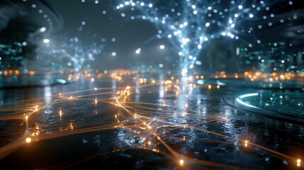 Fototapeta premium City lights reflect on a wet surface at night with glowing lines and illuminated trees in a modern urban setting