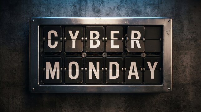 Retro split-flap display board showing the words Cyber Monday on a dark textured metallic wall.