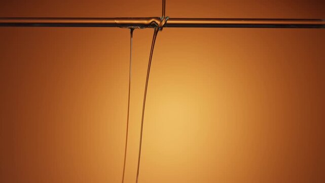 Close-up of viscous essence flowing slowly on warm orange background