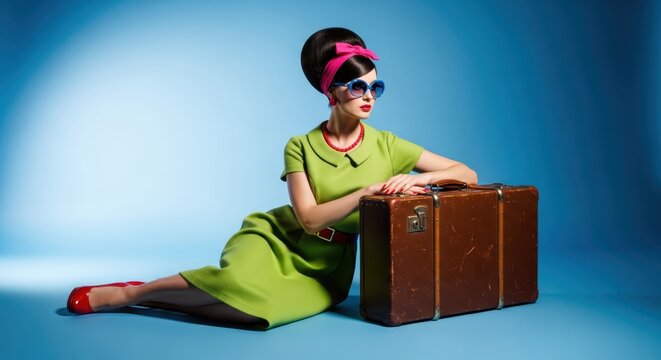 Elegant Vintage Woman in 1960s Fashion with Retro Suitcase Ready for Travel on Blue Background