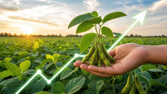 Hand holding soybean plant with upward growing arrow graph in agricultural field for agricultural investment, business growth