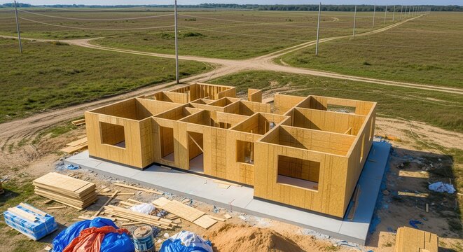Aerial View of a New Residential House Under Construction with SIP Panels and Concrete Foundation in Rural Area