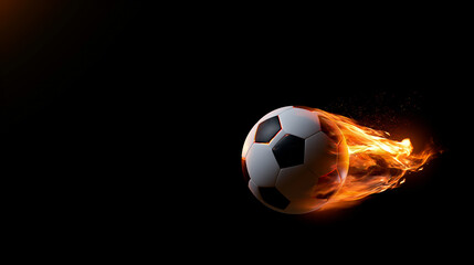 Naklejka premium flaming soccer ball with fiery trail on black background, blazing football in motion with dramatic fire streak, dynamic soccer ball action with glowing flame trail on dark background