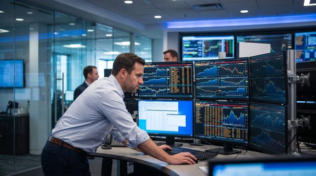 Professional stock trader analyzing financial data on multiple computer screens in a modern, blue-lit office, focused on market trends and investment strategies