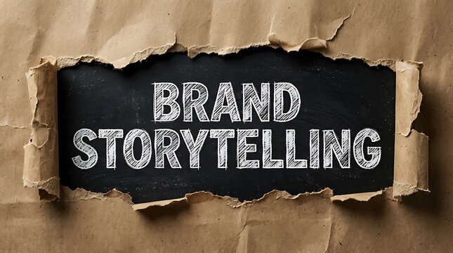 Brand storytelling text revealed through a torn hole in brown craft paper background for business marketing concepts