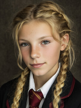 Young student girl with blonde braids wearing uniform