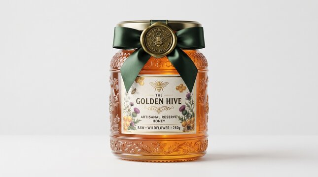 Premium Artisanal Wildflower Honey Jar with Elegant Green Ribbon and Wax Seal Packaging Design for Luxury Organic Food Products