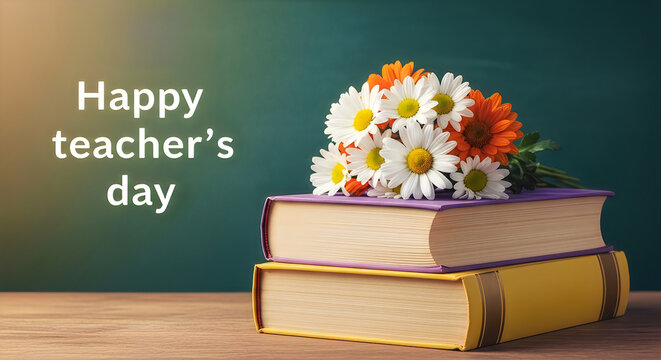Bouquet of daisies and books with happy teachers day message on green chalkboard
