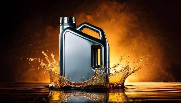 car lubricant jerry can mock up with a dramatic oil splash background for professional branding advertising and product showcase