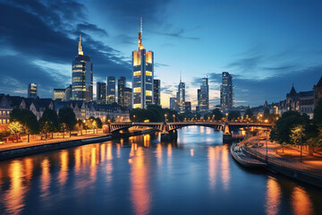 Naklejka premium Twilight Skyline of Frankfurt Over the Main River