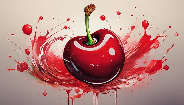 red cherry graphic with splashes of paint background
