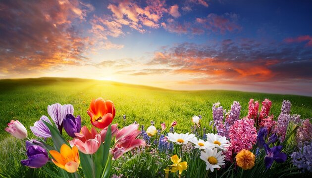 spring flowers blooming on green lawn under a warm summer sky with vibrant colors