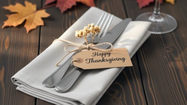 Thanksgiving place setting with cutlery and autumn leaves