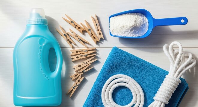 Top View of Laundry Essentials with Detergent Bottle, Powder Scoop, Wooden Clothespins, and Blue Towel on White Background
