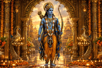 Obraz premium Majestic Lord Rama standing with ornate bow beneath a golden palace arch, surrounded by peacock sculptures, oil lamps, marigold flowers, jeweled columns, and glowing cityscape