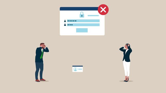Hacker Cyber Attack, Censorship or Ransomware Activity Security. Business people at Surprised with Blocked Account on Screen. Business animation video.