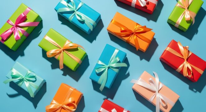 Colorful Gift Boxes Pattern on Blue Background - Vibrant Birthday and Holiday Celebration Flat Lay with Hard Shadows