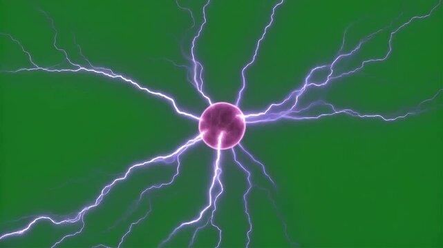 A vibrant purple plasma orb emits electrical bolts against a solid green background.