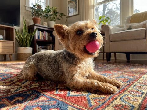 Yorkshire terrier sitting on the floor playing with a ball. International Dog Day, Happy international dog day, International puppy day