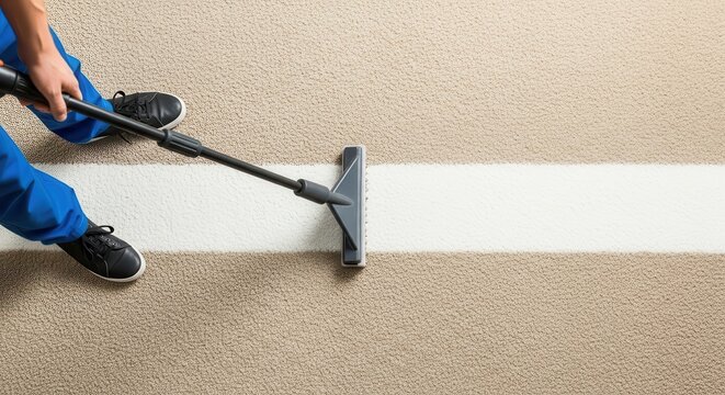 Professional Carpet Cleaning Service with Vacuum Cleaner Showing Before and After Clean Strip on Beige Rug