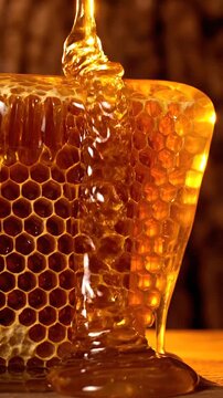 Golden honey drizzling over dripping honeycomb