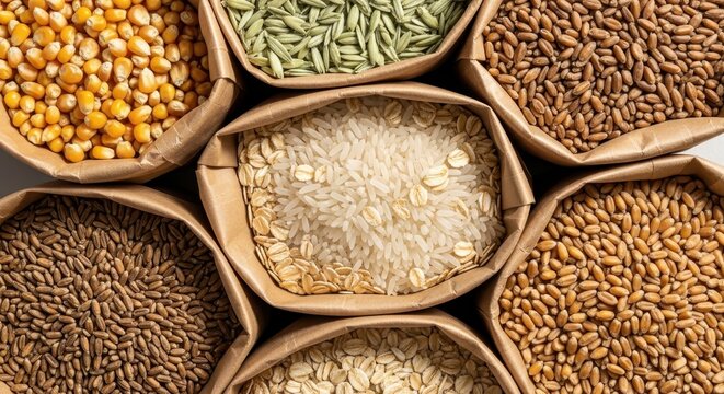 Assorted Healthy Grains and Cereals in Brown Paper Bags Top View - Corn, Rice, Oats, Wheat, and Seeds