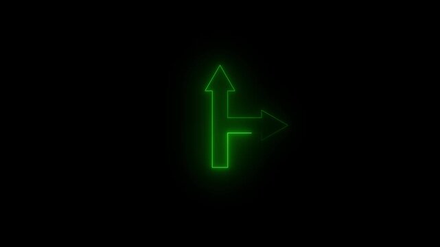 Glowing green neon line directional split arrow animation 4 k video..