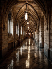 Fototapeta premium Gothic architecture hallway with vaulted ceiling and lanterns