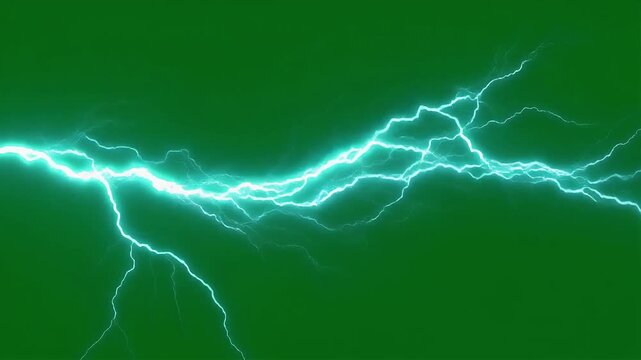 A bright cyan lightning bolt flashes horizontally across a dark green background.