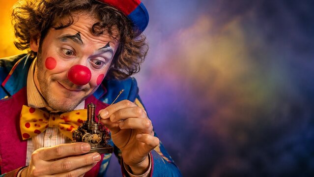 Funny clown performer carefully repairing a tiny mechanical object with expressive hands in colorful studio setting, creative comedy storytelling scene.